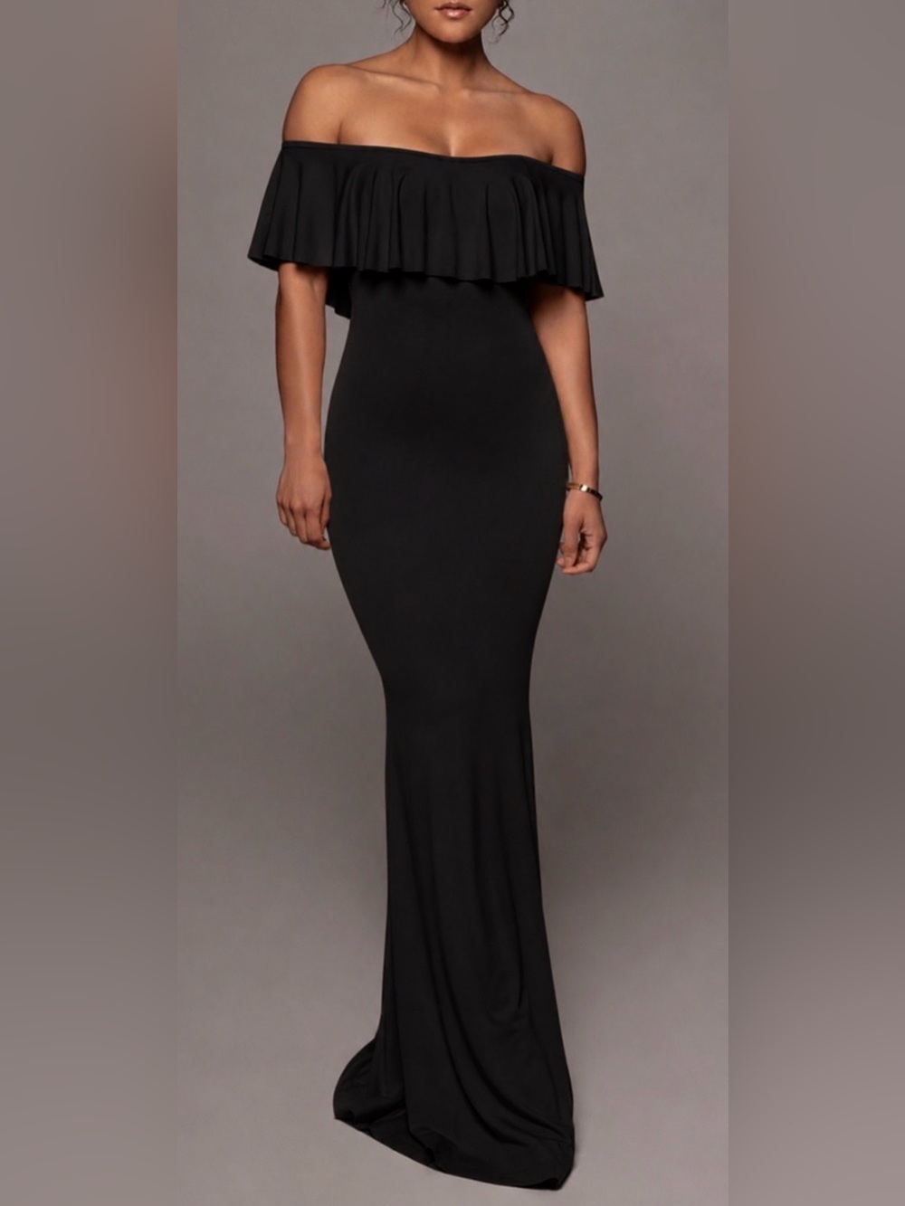 JLUXLABEL SZ SMALL Black Ruffle-Shoulder Evening Dress